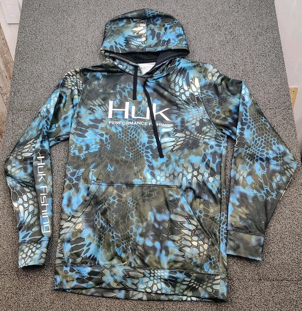 Huk Performance Fishing Hoodie Mens Size S Blue Kryptek Neptune Camo Excellent